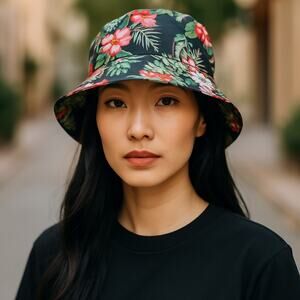 Lids Bucket Hat Sun Travel Hike 2" Brim Floral Hawaiian Hibiscus Beach Cruise OS